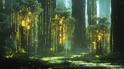 Wall Mural - Mystical Forest with Golden Glowing Trees and Stream