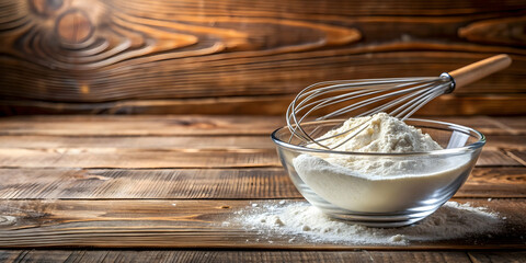 Kitchen countertop with glass bowl of flour and whisk on wooden background, kitchen, countertop, glass bowl, flour