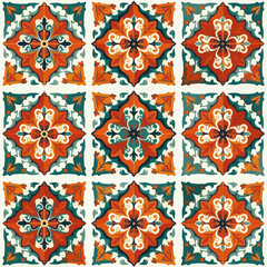 Wall Mural - Ornate Tile Pattern with Orange and Green Accents