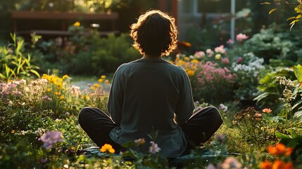 A person sitting quietly in a garden surrounded by blooming flowers practicing mindfulness