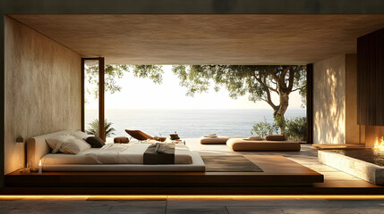 Poster - Minimalist bedroom with a view of the ocean and a fireplace.