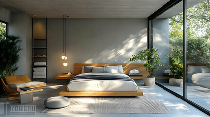 Canvas Print - Minimalist bedroom with a wooden bed, grey walls, a large window with a view of trees, and a potted plant.