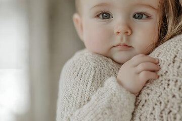 Close-up of baby hand resting gently on adult shoulder with soft fingers extended, peaceful moment in natural lighting