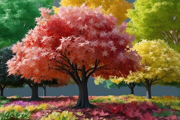 Wall Mural - Vibrant 3D Illustration of Acer Saccharum Maple Trees with Lush Flora and Foliage