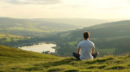 A man practicing deep breathing exercises while sitting on a hill overlooking a valley