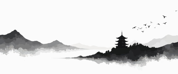 Wall Mural - Black and White Ink Pagoda Landscape Painting