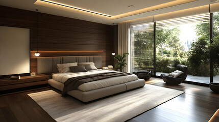 Poster - Modern bedroom interior with large windows overlooking a lush green garden.