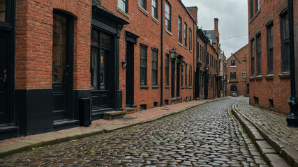 Charming cobblestone street lined with historic brick buildings