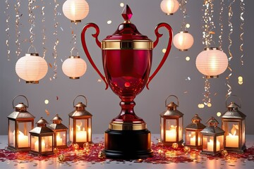 Vibrant Ruby Trophy Surrounded by Glowing Lanterns and Pearlescent Confetti Celebrating Achievement in a Joyful Contest