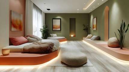 Modern bedroom interior with two round beds, a large rug, and plants.