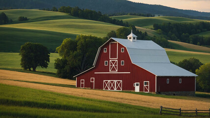 Wall Mural - Classic red barn with white trim set against a backdrop of rolling hills