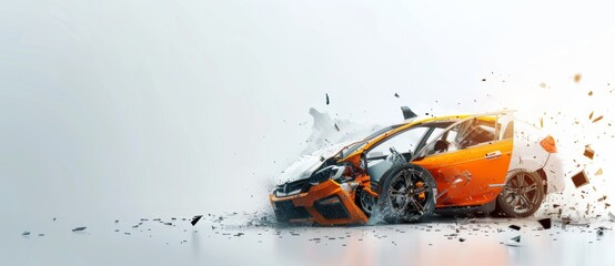 Dramatic Automobile Collision Aftermath with Crumpled Burning Orange Vehicle