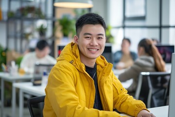 Cheerful man in a yellow jacket collaborates with colleagues in a bright office during the day