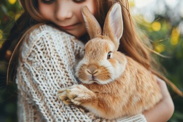 Wall Mural - A girl lovingly hugs her pet rabbit surrounded by lush greenery on a bright, sunny day