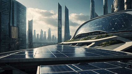 Poster - Futuristic urban infrastructure with solar panels and high tech public services