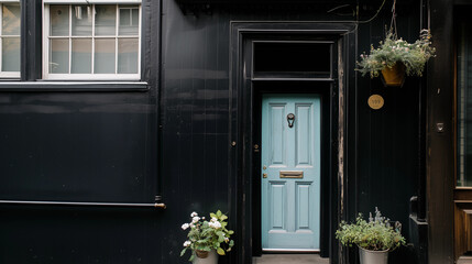 Wall Mural - Black house exterior pastel blue front door potted plants urban entrance minimalist design vintage charm residential facade cozy aesthetic real estate property outdoor copy space fibro retro home