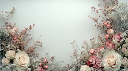 Wall Mural - Soft pink and white roses in a floral arrangement with delicate white flowers on a soft green background.