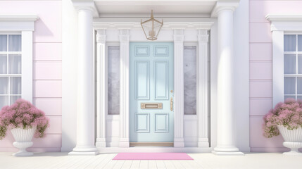 Wall Mural - Pastel pink house exterior light blue front door white columns potted flowers elegant charming residential facade spring decor copy space blank template home feminine girly pretty lux kawaii vibe 