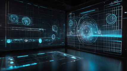 Wall Mural - Holographic interface displaying 3D data and virtual controls