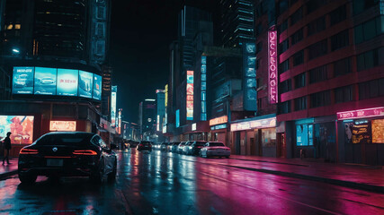 Wall Mural - Neon lit urban street with digital signage and autonomous vehicles