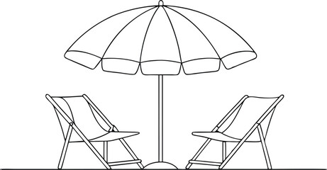 Wall Mural - Beach Umbrella and Chairs in Continuous Line Drawing,  vector illustration on white background.