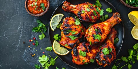 Canvas Print - Aerial perspective of flavorful baked tandoori chicken.