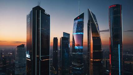 Poster - Sleek city skyline with glowing skyscrapers and digital billboards