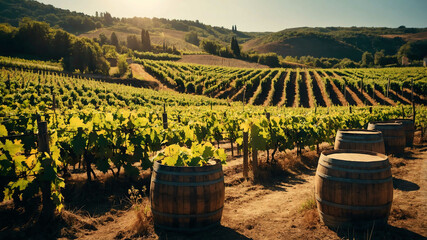 Poster - Sunny vineyard with rustic wooden barrels and rows of grapevines