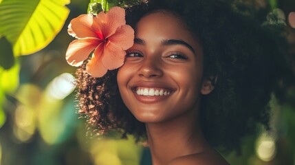 A beautiful woman with a warm smile stands in a tropical garden, a pink hibiscus flower tucked behind her ear.