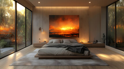 Wall Mural - Modern bedroom with a large canvas print of a sunset above a lake on the wall.