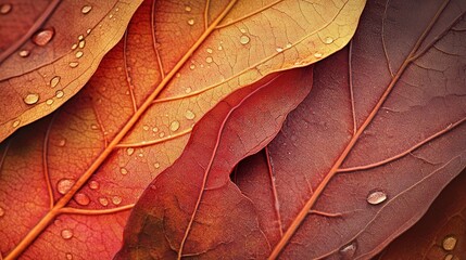 Close-up of vibrant autumn leaves with detailed veins and color transitions in rich red, orange, and golden tones. Dew drops and light reflections add a delicate touch,