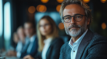 Poster - A man in a suit and glasses is sitting at a table with other people. He is the only one looking directly at the camera
