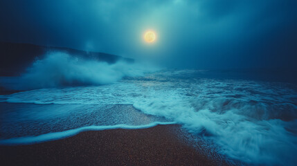 Wall Mural - The ocean is calm and the moon is shining brightly in the sky. The water is dark blue and the waves are small