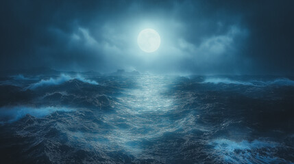 Wall Mural - A large moon is reflected in the water of the ocean. The sky is dark and cloudy, creating a moody atmosphere