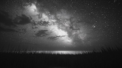 A black and white photo of a starry night sky with a lake in the background. Scene is serene and peaceful, as the stars twinkle in the dark sky