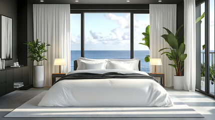 Canvas Print - Modern bedroom with a large window overlooking the ocean.