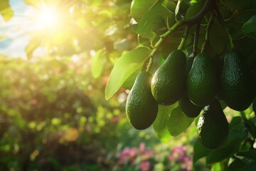 Wall Mural - Fresh avocados hang from healthy green leaves. Sunlight shines in the background. Picture perfect for food lovers and wellness ideas. A vibrant garden scene. Generative AI