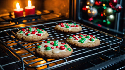 Christmas cookies baking in the oven with holiday decorations in the kitchen