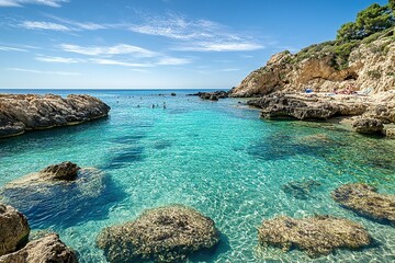 Mallorca's calm deposits in the transparent water of Cala des Alberges on a sunny day, with a blue sky