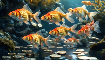 serene aquatic scene of fish swimming in a river of silver coins, reflecting abundance and wealth in a richly detailed underwater background