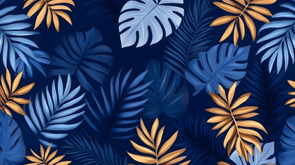 Wall Mural - A blue and green leafy background with many leaves of different sizes. The leaves are arranged in a way that creates a sense of depth and movement. Scene is calm and serene, with the blue