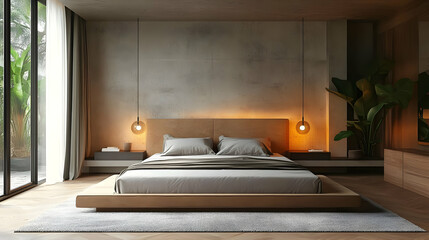 Wall Mural - Modern bedroom with a wooden bed, concrete wall, and large windows.