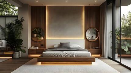 Modern bedroom with a wooden bed, two circular mirrors, and a large window overlooking a green garden.