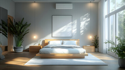 Modern bedroom with a wooden bed, white bedding, a large window with sunlight streaming in, and a blank canvas on the wall.