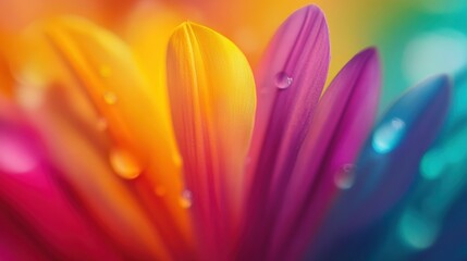 Wall Mural - Colorful flower petals with water drops in macro view.