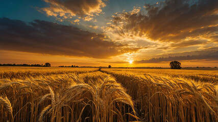 Wall Mural - Golden field of grain under a vibrant sunset sky