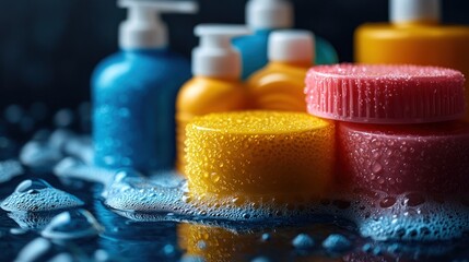 Canvas Print - Closeup of colorful bottles with foam