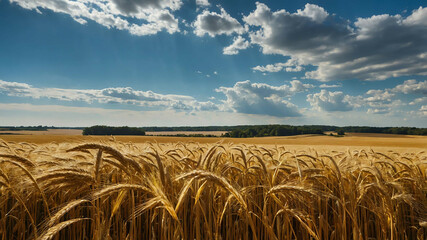 Wall Mural - Golden fields of grain swaying in the breeze under a blue sky