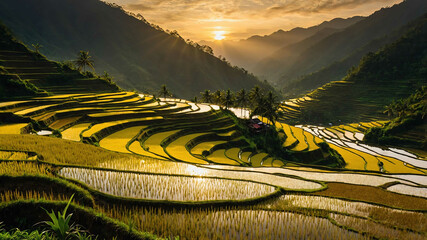 Wall Mural - Golden sunrise illuminating a lush valley of rice terraces