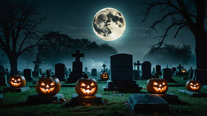 Halloween full moon over a foggy cemetery with glowing pumpkins